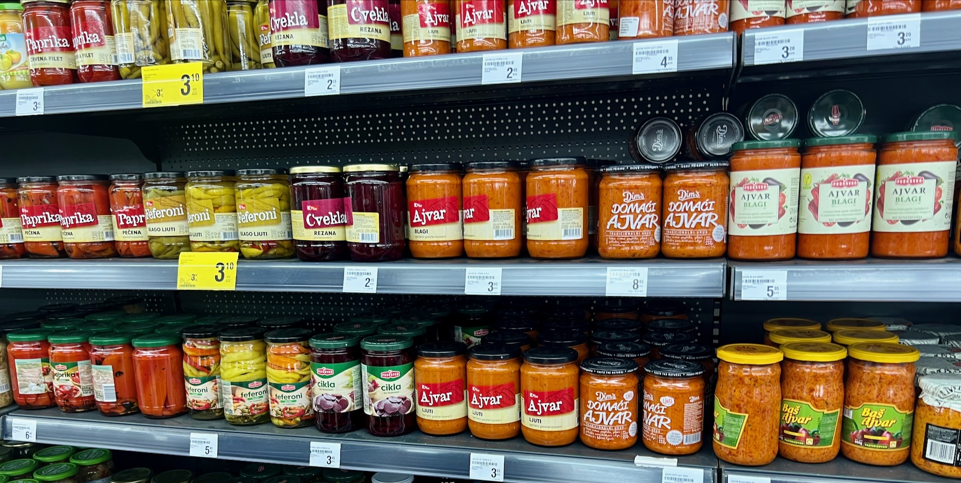 The Ajvar Aisle in a supermarket. It's a red pepper spread.