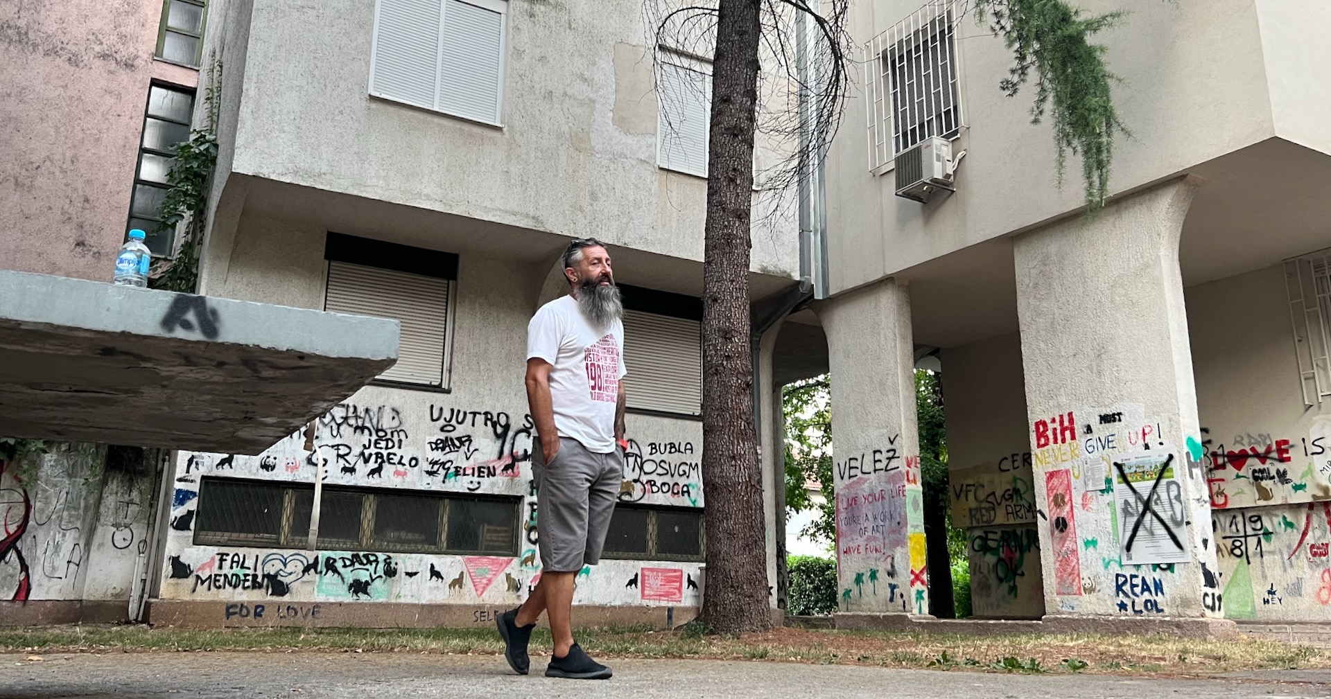Ševko took us here to this apartment complex scuffed up by the war. The graffiti in the background refers to the local soccer rivalry (see the word Velež). To an outsider, this feels like a proxy between ethnic groups of the city. FK Velež Mostar is Bosniak Muslim and its rival, HŠK Zrinjski Mostar, is Croat Catholic.